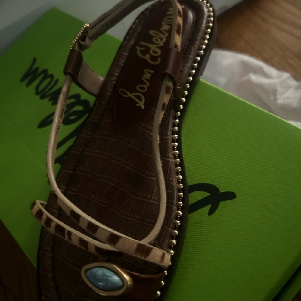 Sam Edelman Brown Leopard-Print & Gold-Accent Flat Sandal